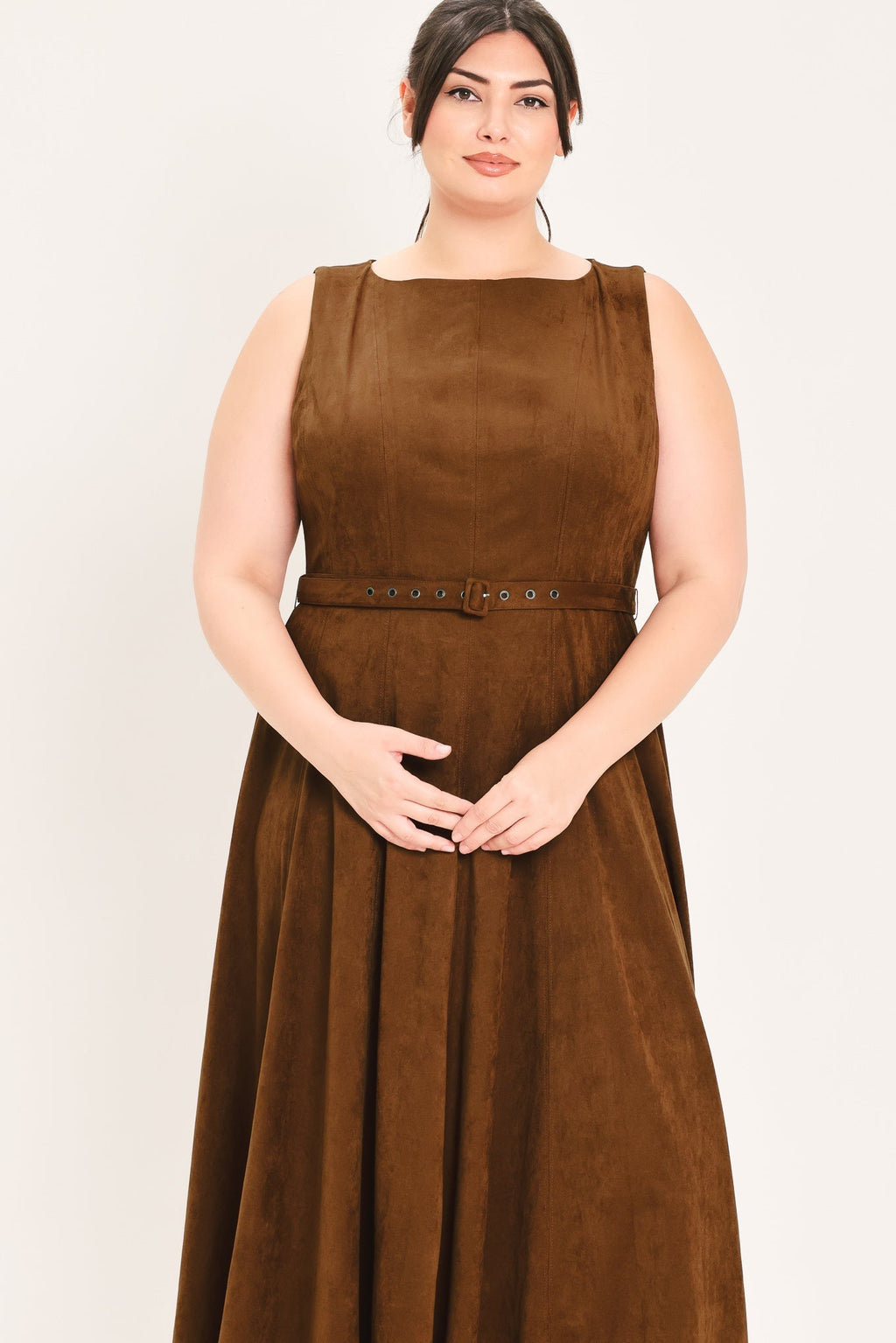AMBER TOBACCO FAUX SUEDE MIDI DRESS Flying Tomato