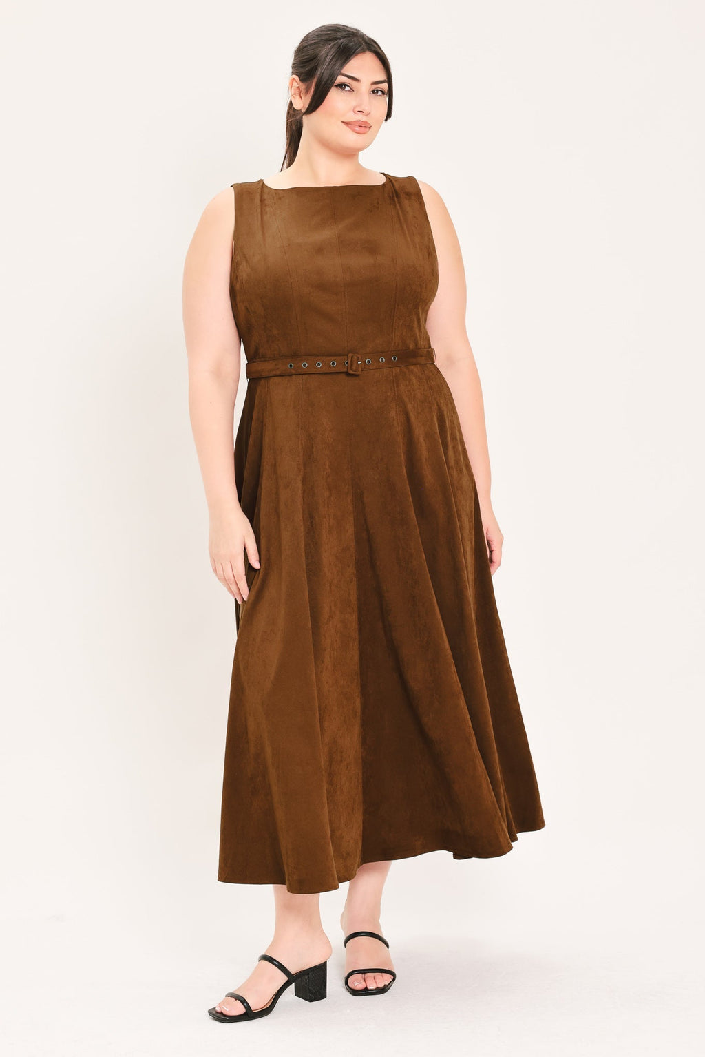 AMBER TOBACCO FAUX SUEDE MIDI DRESS Flying Tomato