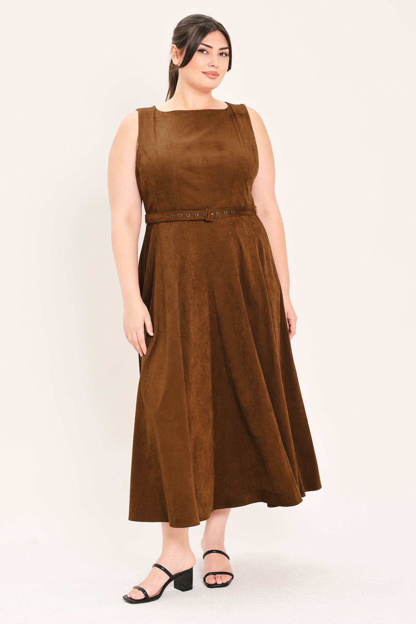AMBER TOBACCO FAUX SUEDE MIDI DRESS Flying Tomato