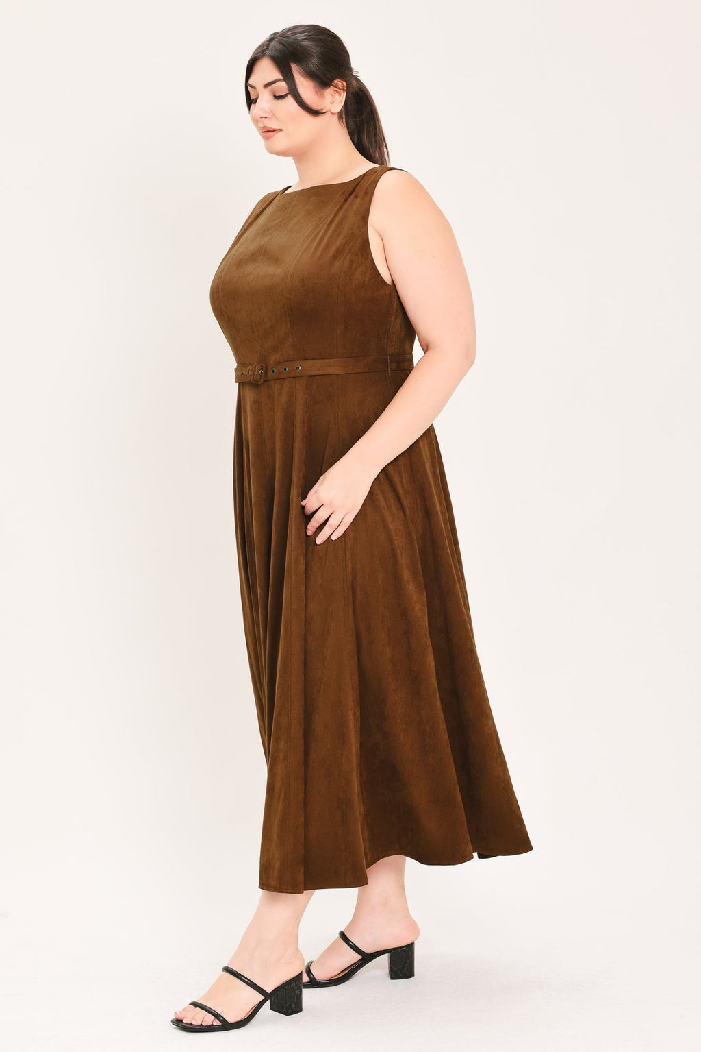 AMBER TOBACCO FAUX SUEDE MIDI DRESS Flying Tomato