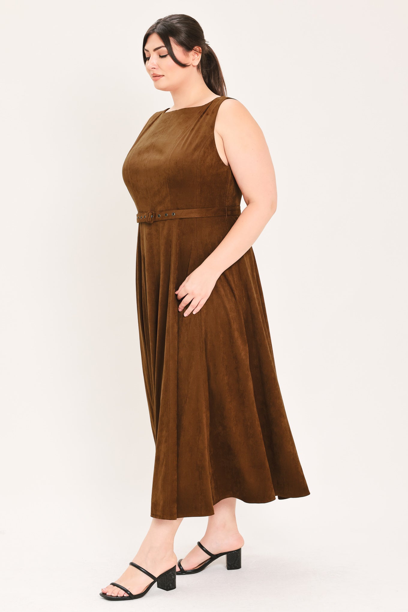 AMBER TOBACCO FAUX SUEDE MIDI DRESS Flying Tomato