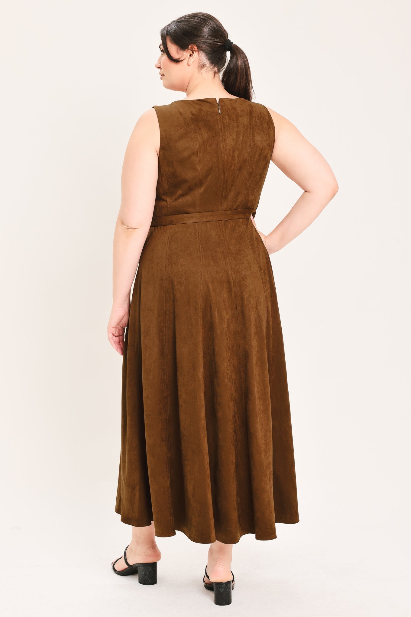 AMBER TOBACCO FAUX SUEDE MIDI DRESS Flying Tomato