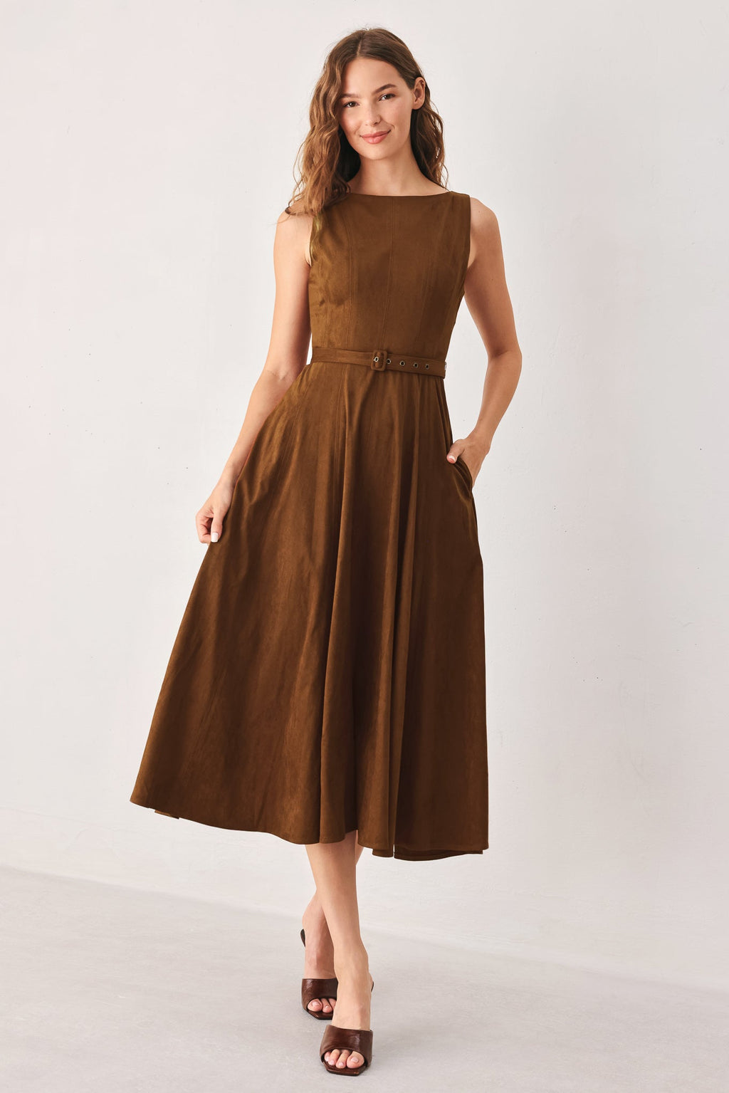 AMBER TOBACCO FAUX SUEDE MIDI DRESS Flying Tomato