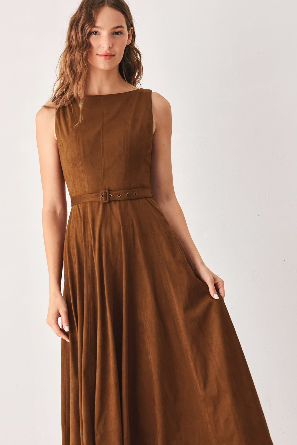 AMBER TOBACCO FAUX SUEDE MIDI DRESS Flying Tomato