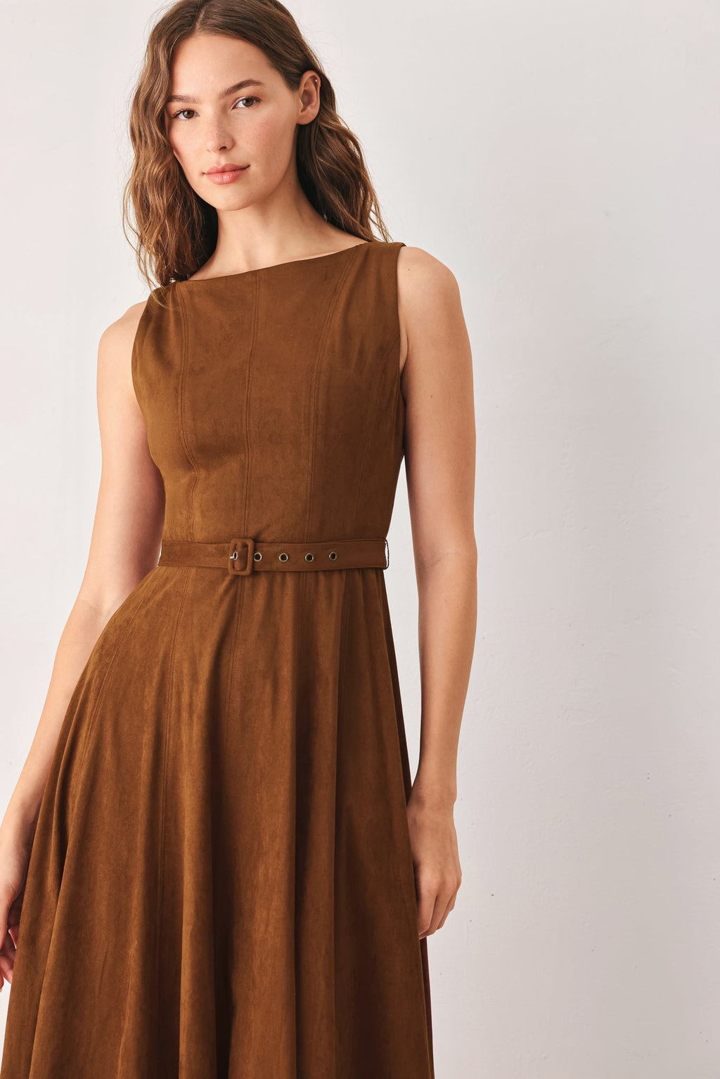 AMBER TOBACCO FAUX SUEDE MIDI DRESS Flying Tomato