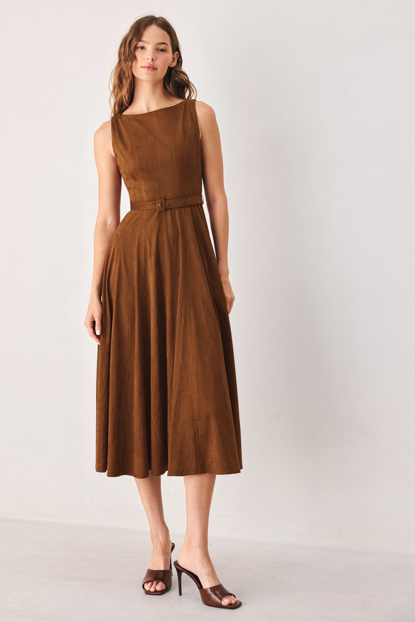 AMBER TOBACCO FAUX SUEDE MIDI DRESS Flying Tomato