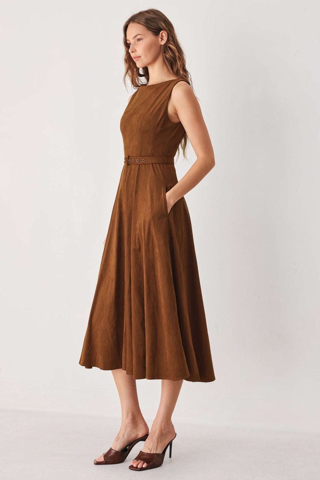 AMBER TOBACCO FAUX SUEDE MIDI DRESS Flying Tomato