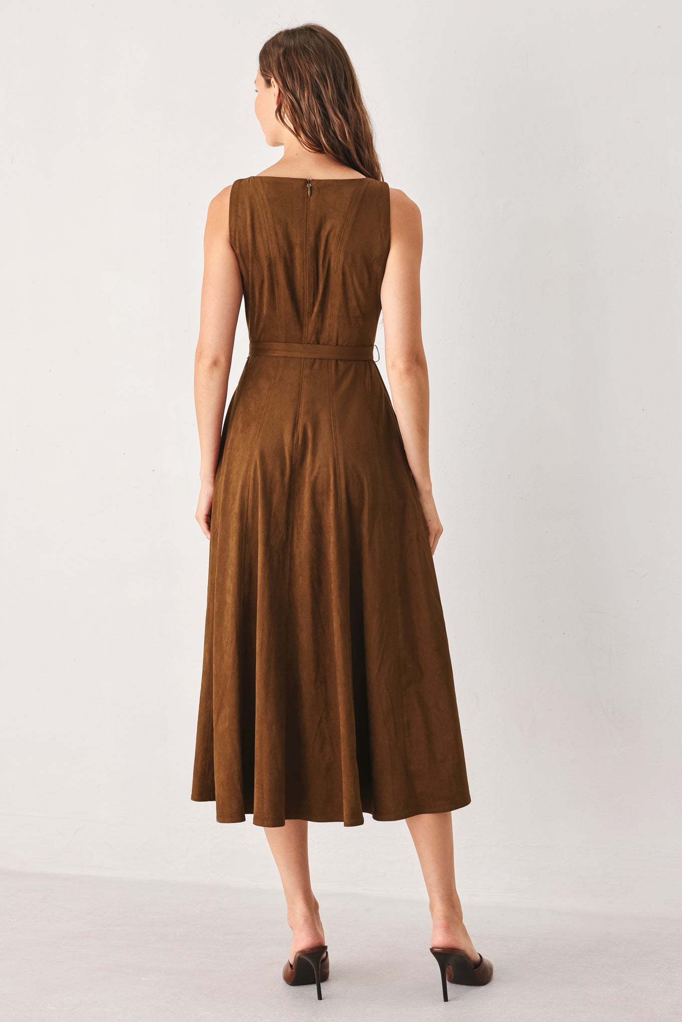 AMBER TOBACCO FAUX SUEDE MIDI DRESS Flying Tomato
