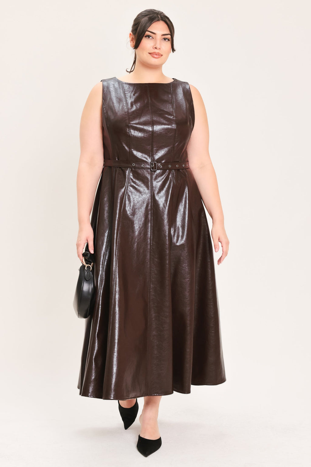 DARK TRUFFLE FAUX LEATHER MIDI DRESS Flying Tomato