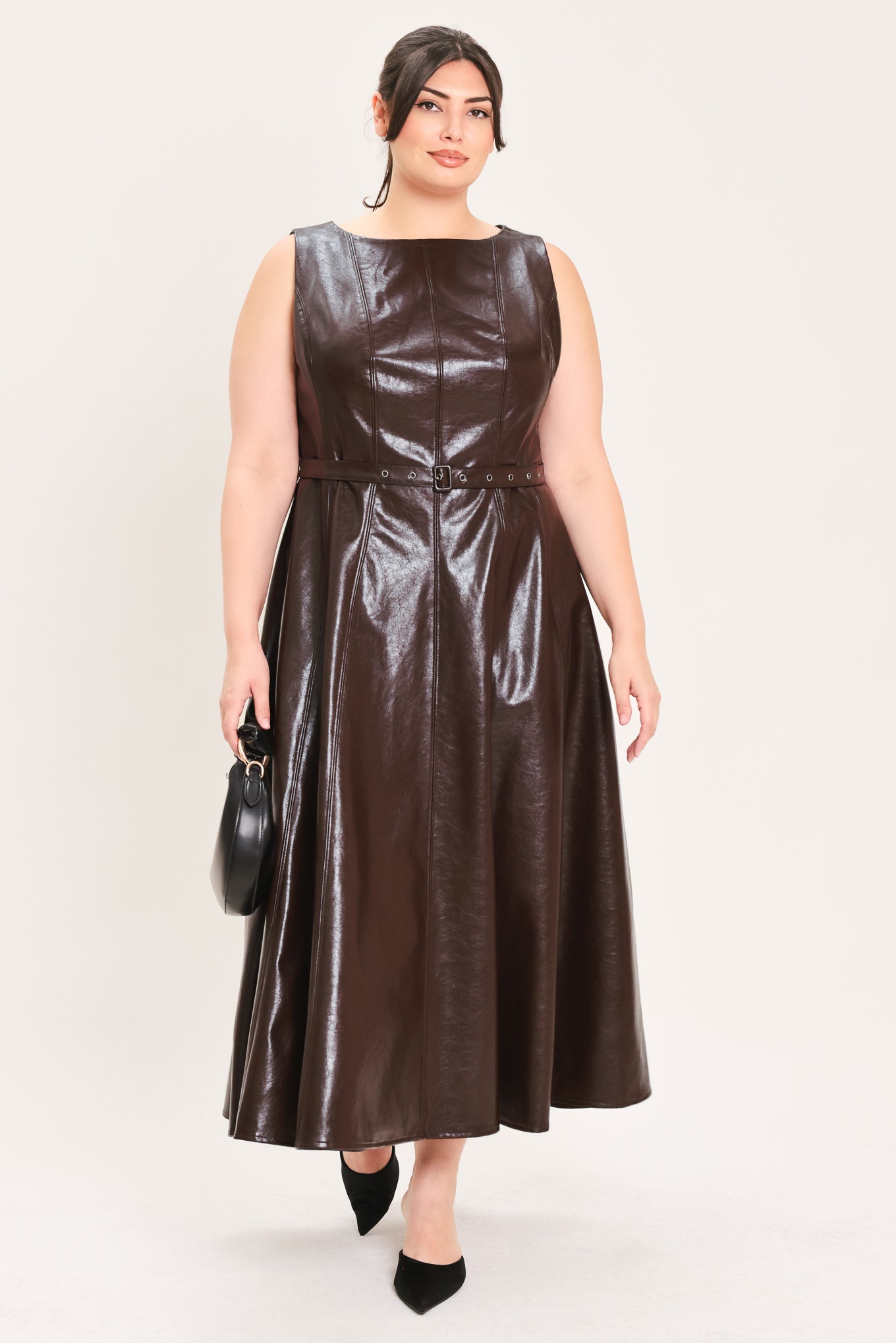 DARK TRUFFLE FAUX LEATHER MIDI DRESS Flying Tomato