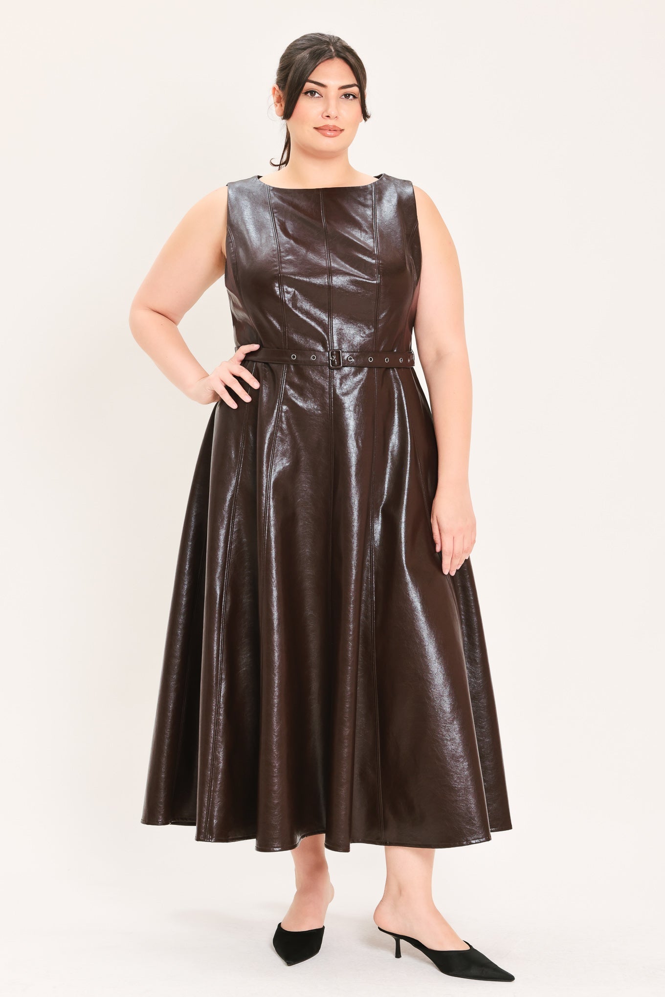 DARK TRUFFLE FAUX LEATHER MIDI DRESS Flying Tomato