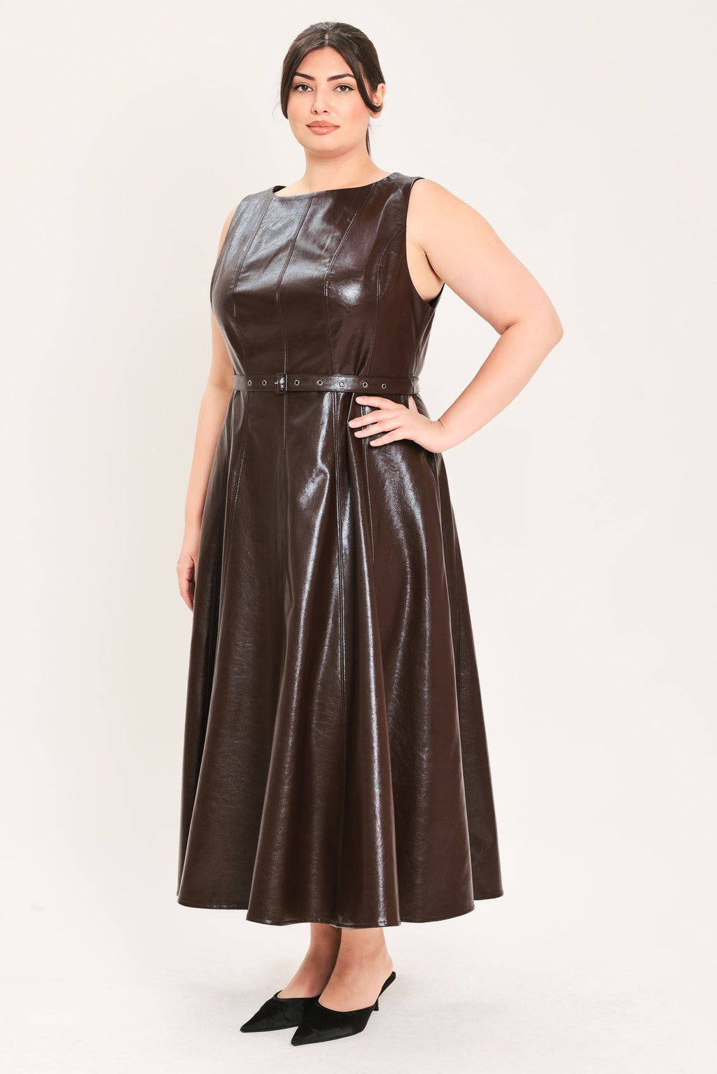 DARK TRUFFLE FAUX LEATHER MIDI DRESS Flying Tomato