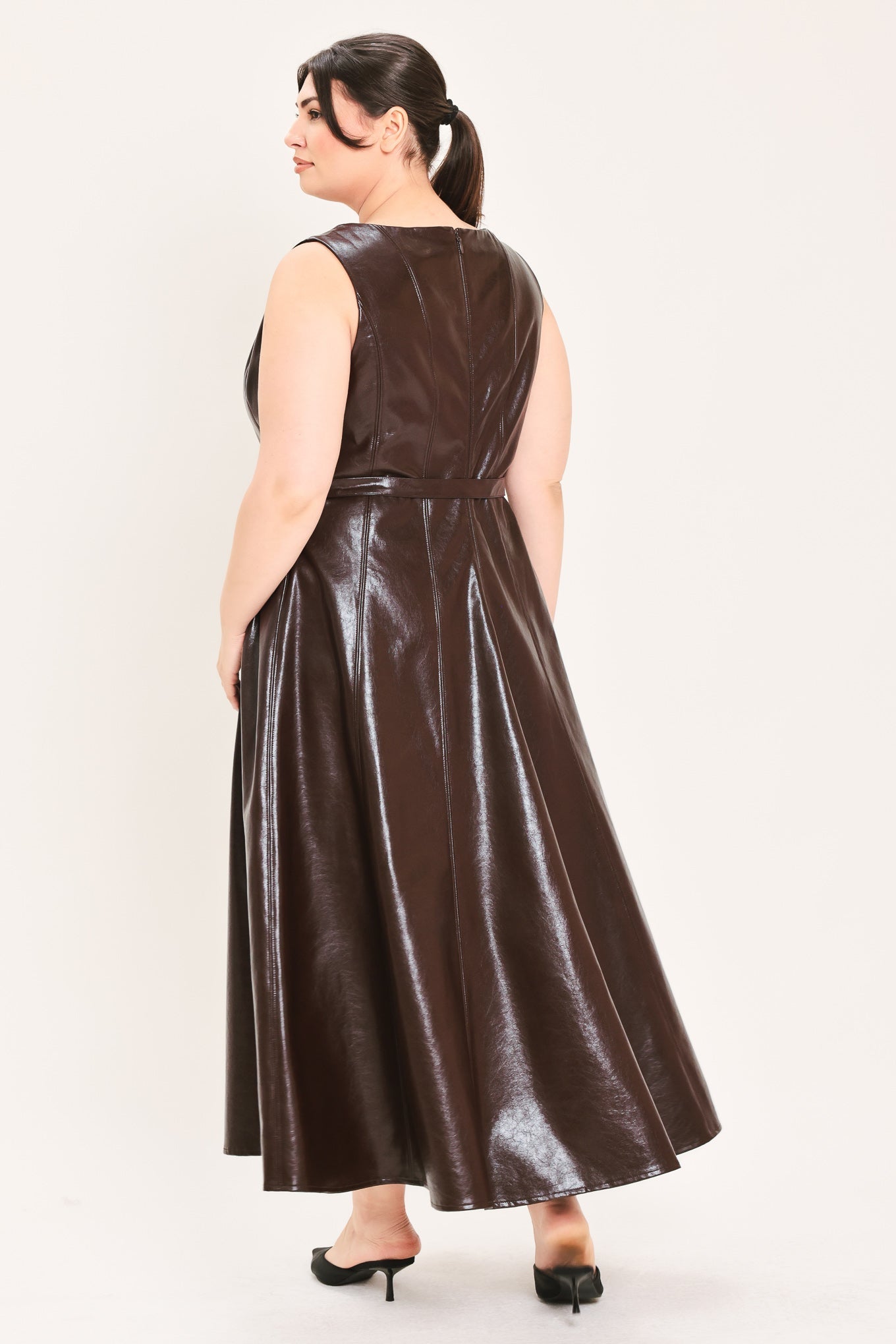 DARK TRUFFLE FAUX LEATHER MIDI DRESS Flying Tomato