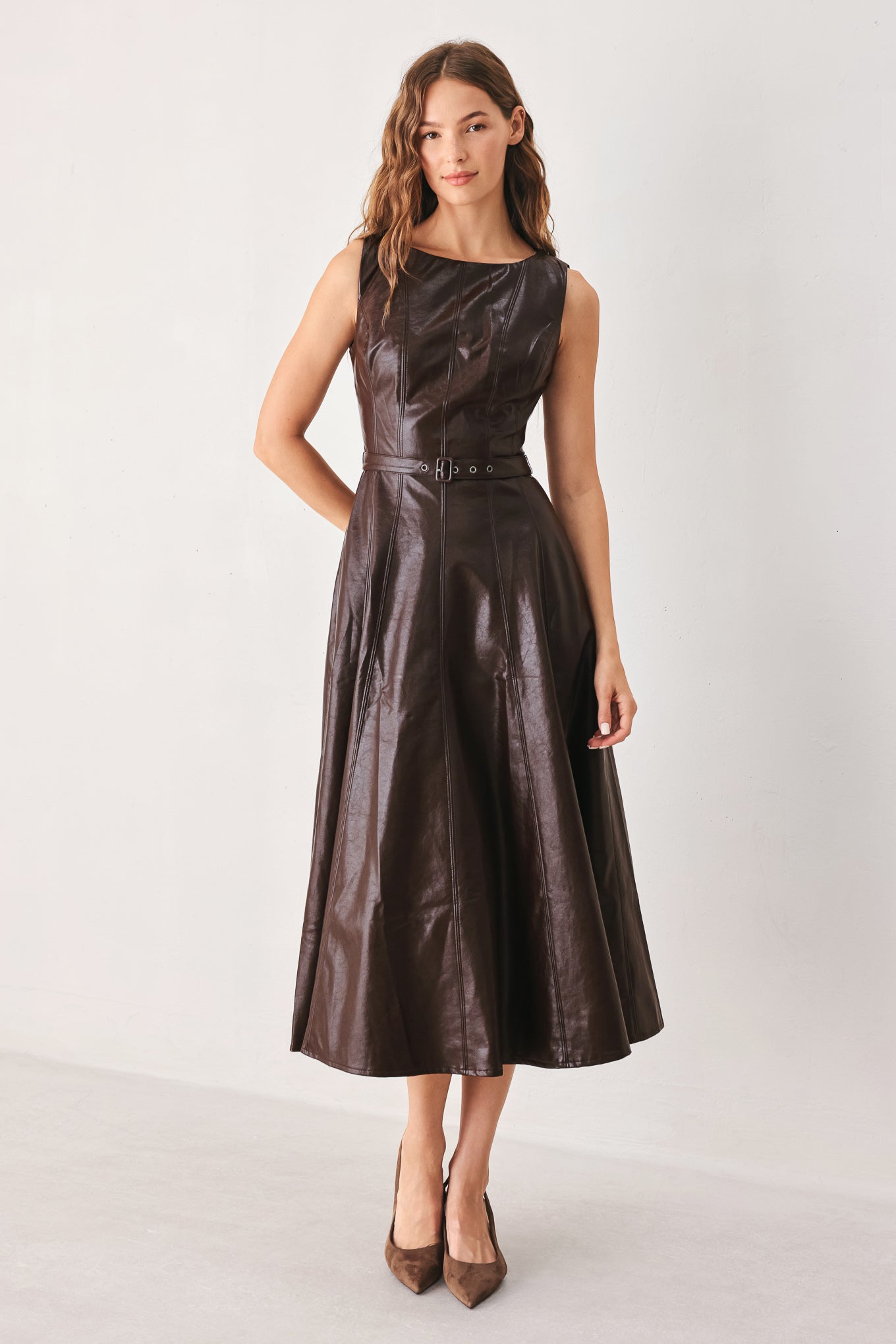 DARK TRUFFLE FAUX LEATHER MIDI DRESS Flying Tomato