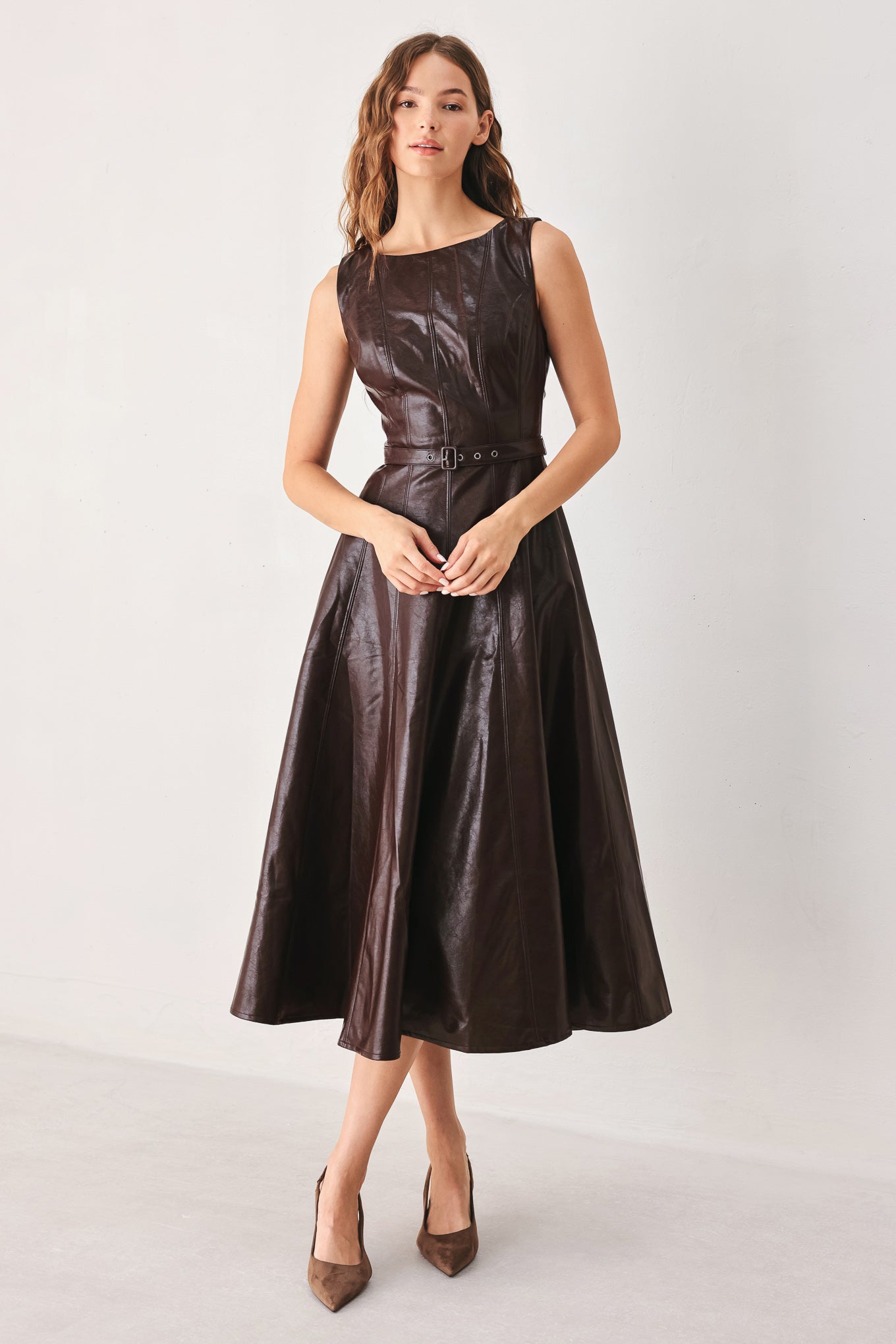 DARK TRUFFLE FAUX LEATHER MIDI DRESS Flying Tomato