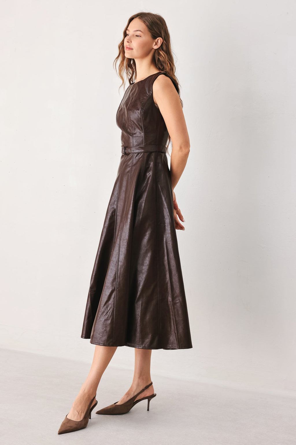 DARK TRUFFLE FAUX LEATHER MIDI DRESS Flying Tomato