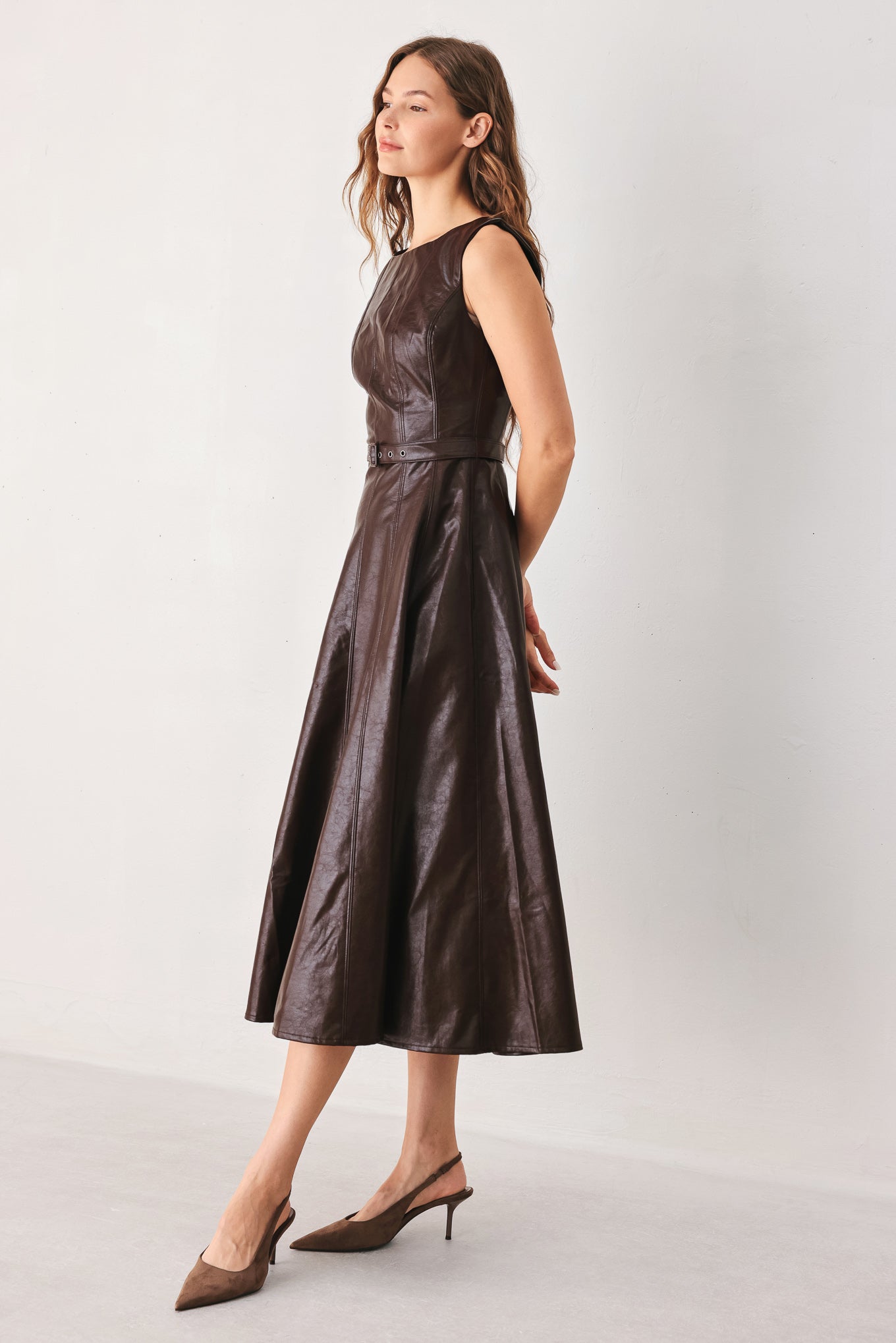 DARK TRUFFLE FAUX LEATHER MIDI DRESS Flying Tomato