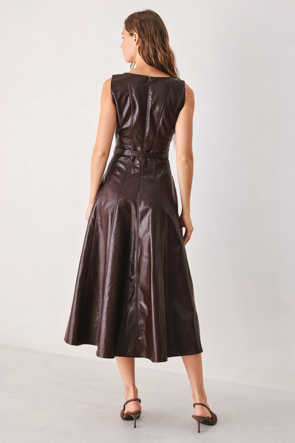 DARK TRUFFLE FAUX LEATHER MIDI DRESS Flying Tomato