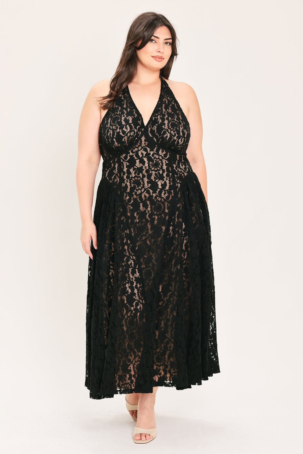 MIDNIGHT GARDEN HALTER WOVEN LACE MIDI DRESS Flying Tomato