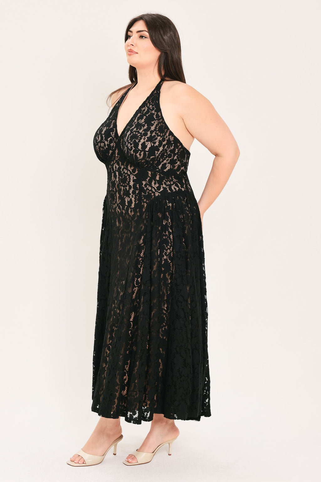 MIDNIGHT GARDEN HALTER WOVEN LACE MIDI DRESS Flying Tomato