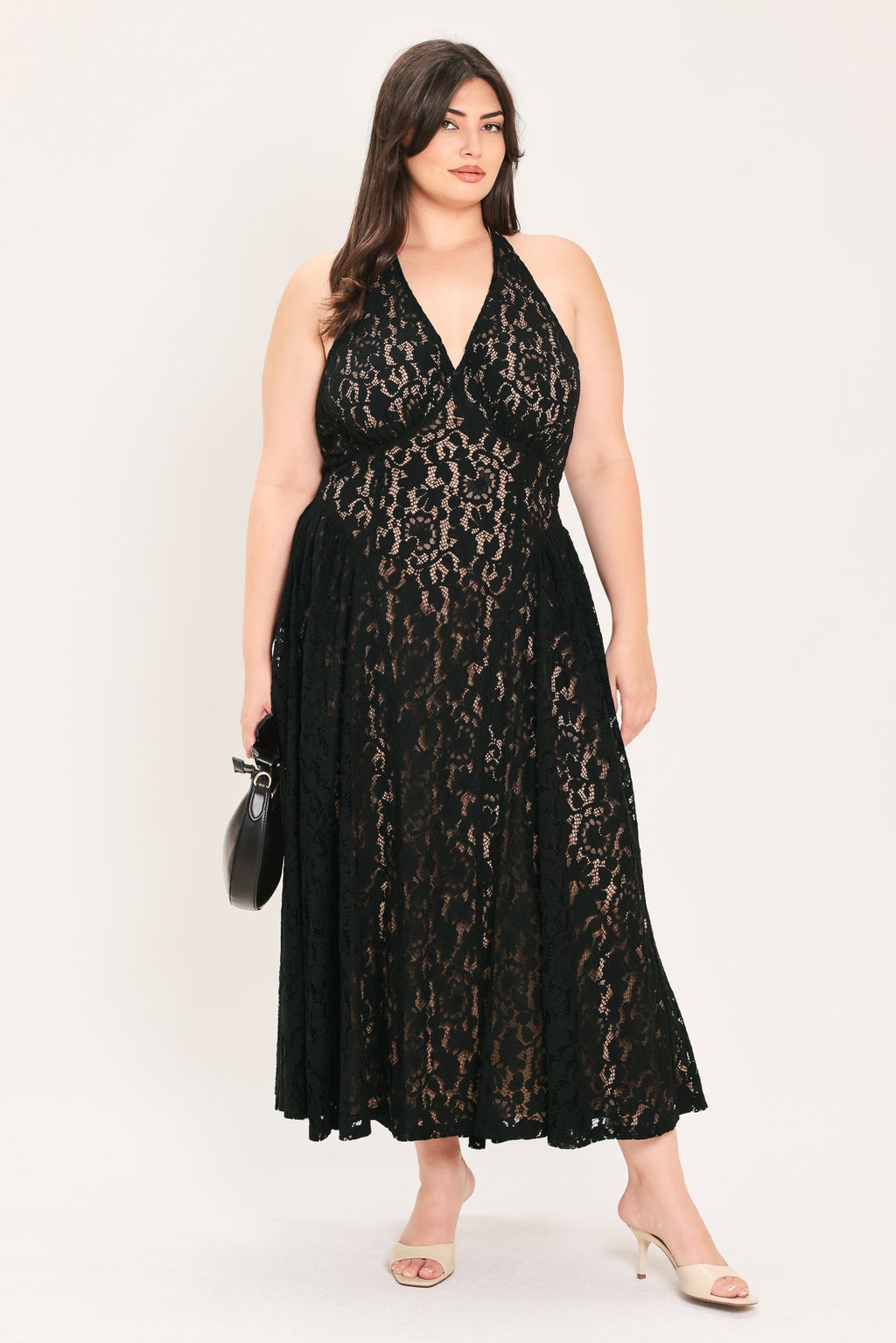 MIDNIGHT GARDEN HALTER WOVEN LACE MIDI DRESS Flying Tomato