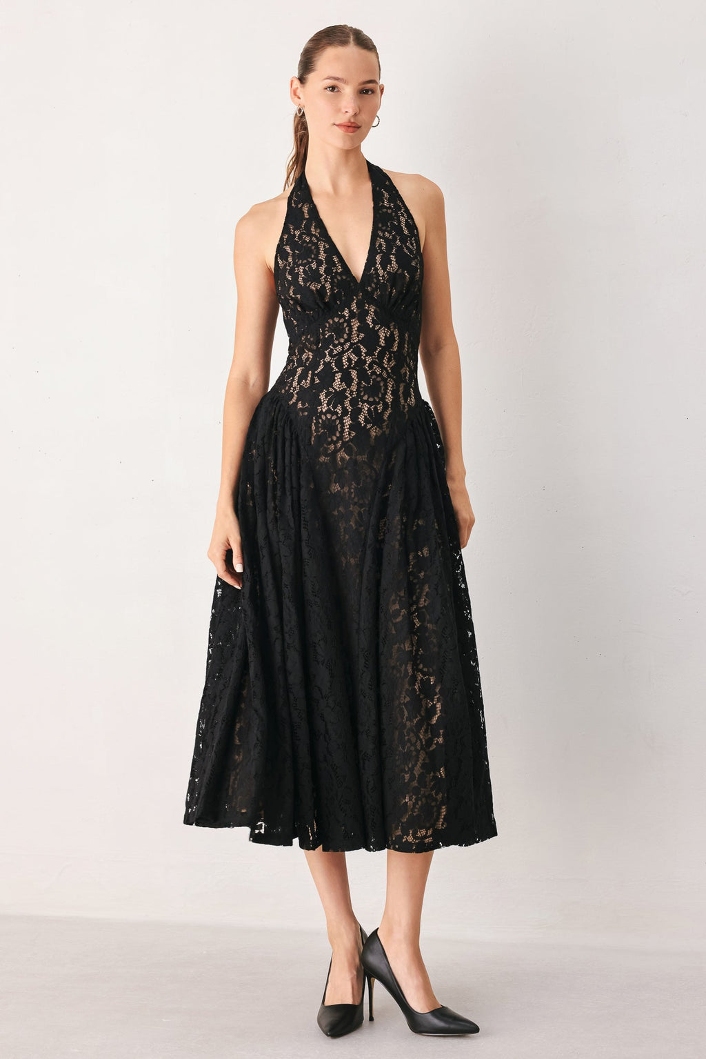 MIDNIGHT GARDEN HALTER WOVEN LACE MIDI DRESS Flying Tomato