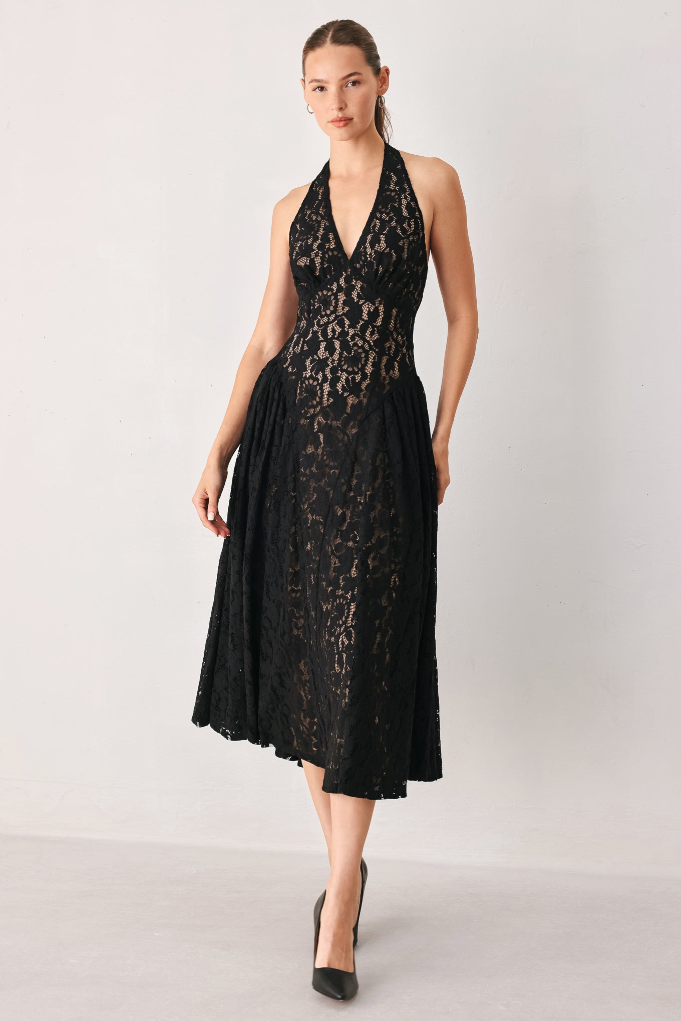MIDNIGHT GARDEN HALTER WOVEN LACE MIDI DRESS Flying Tomato