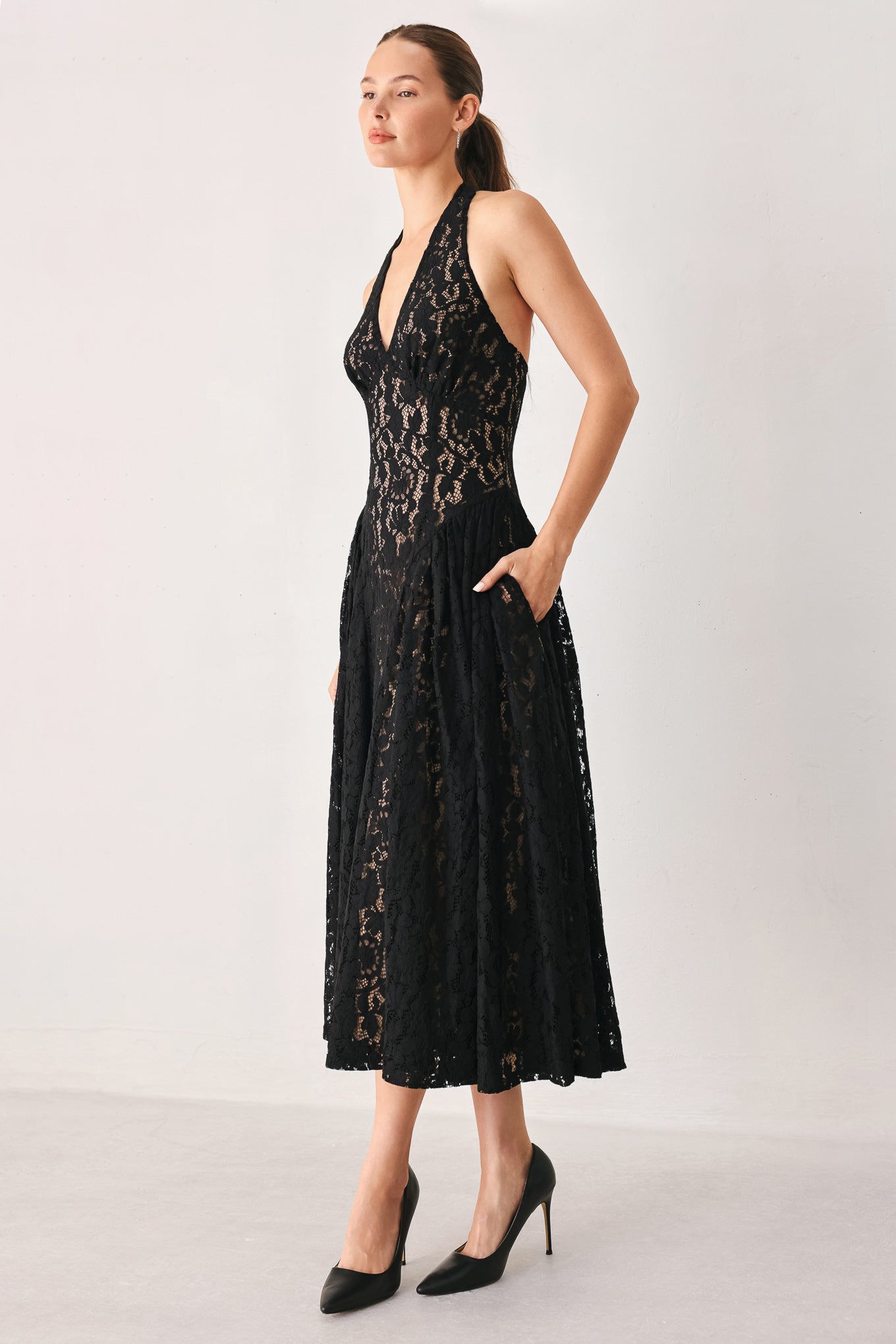 MIDNIGHT GARDEN HALTER WOVEN LACE MIDI DRESS Flying Tomato