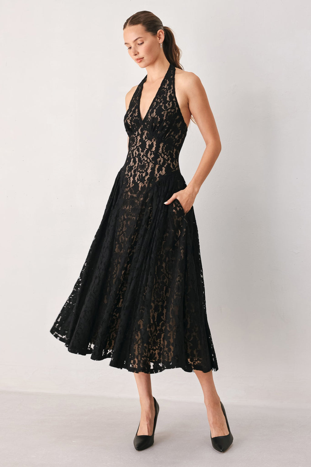 MIDNIGHT GARDEN HALTER WOVEN LACE MIDI DRESS Flying Tomato