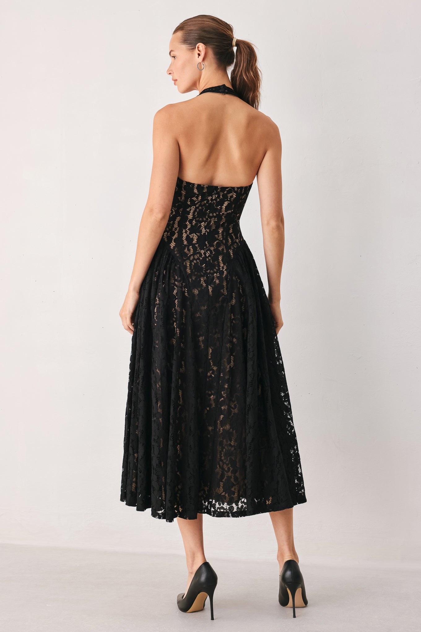 MIDNIGHT GARDEN HALTER WOVEN LACE MIDI DRESS Flying Tomato