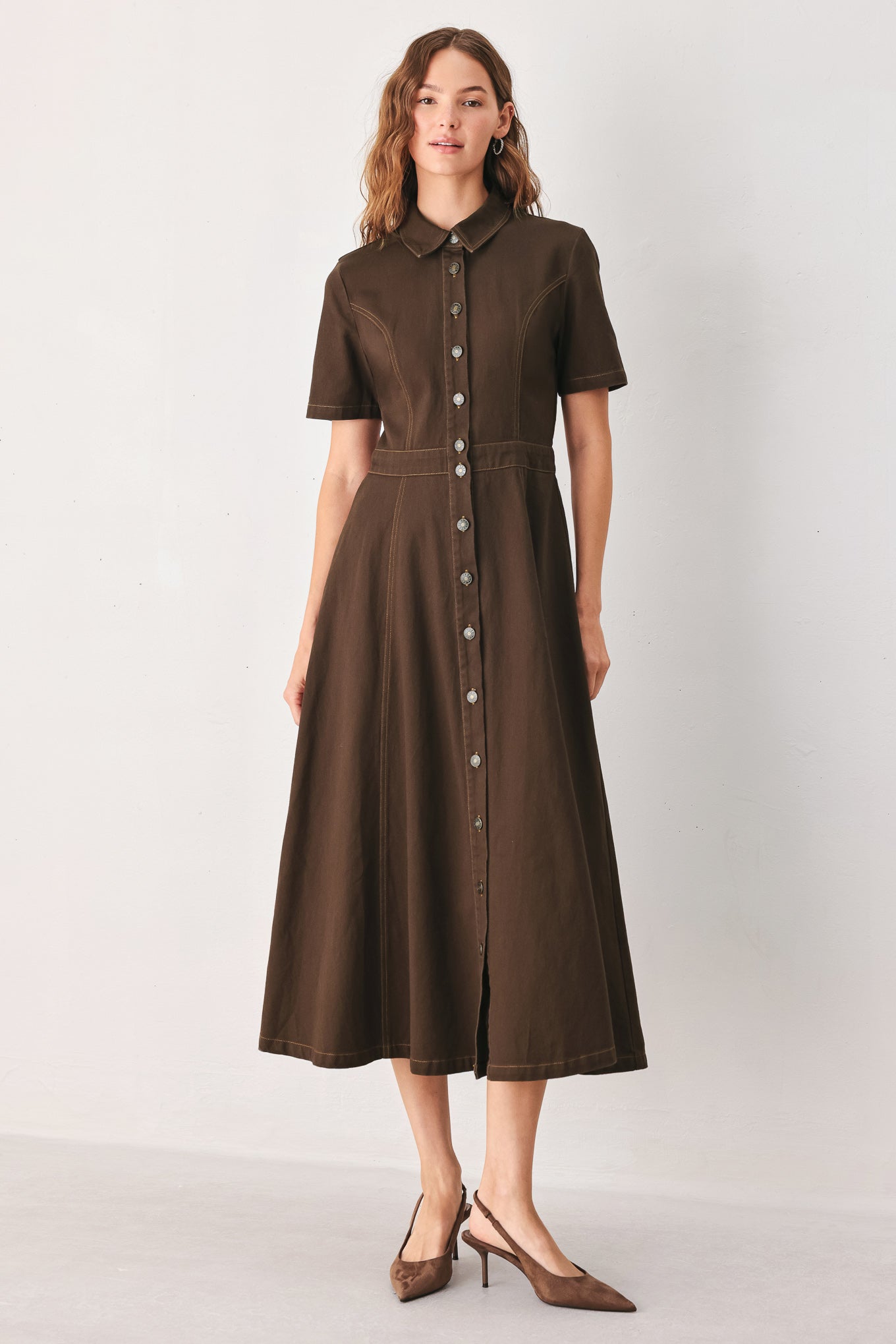 BARK BROWN VINTAGE WOVEN MIDI DRESS Flying Tomato