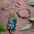 Custom wire wrapped Crescent moon, engraved agate necklace, and bracelet set The Vibez Shop