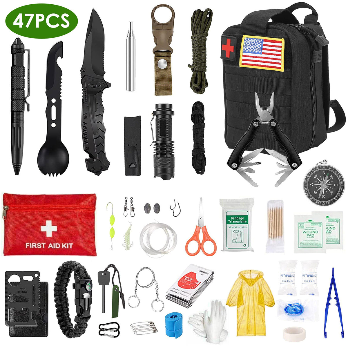 47Pcs Emergency Survival Kit Survival EDC Gear Equipment Tool First Aid Supplies Kit Tools with Pouch for Hiking Hunting Disaster Camping Adventure Best Product Finds