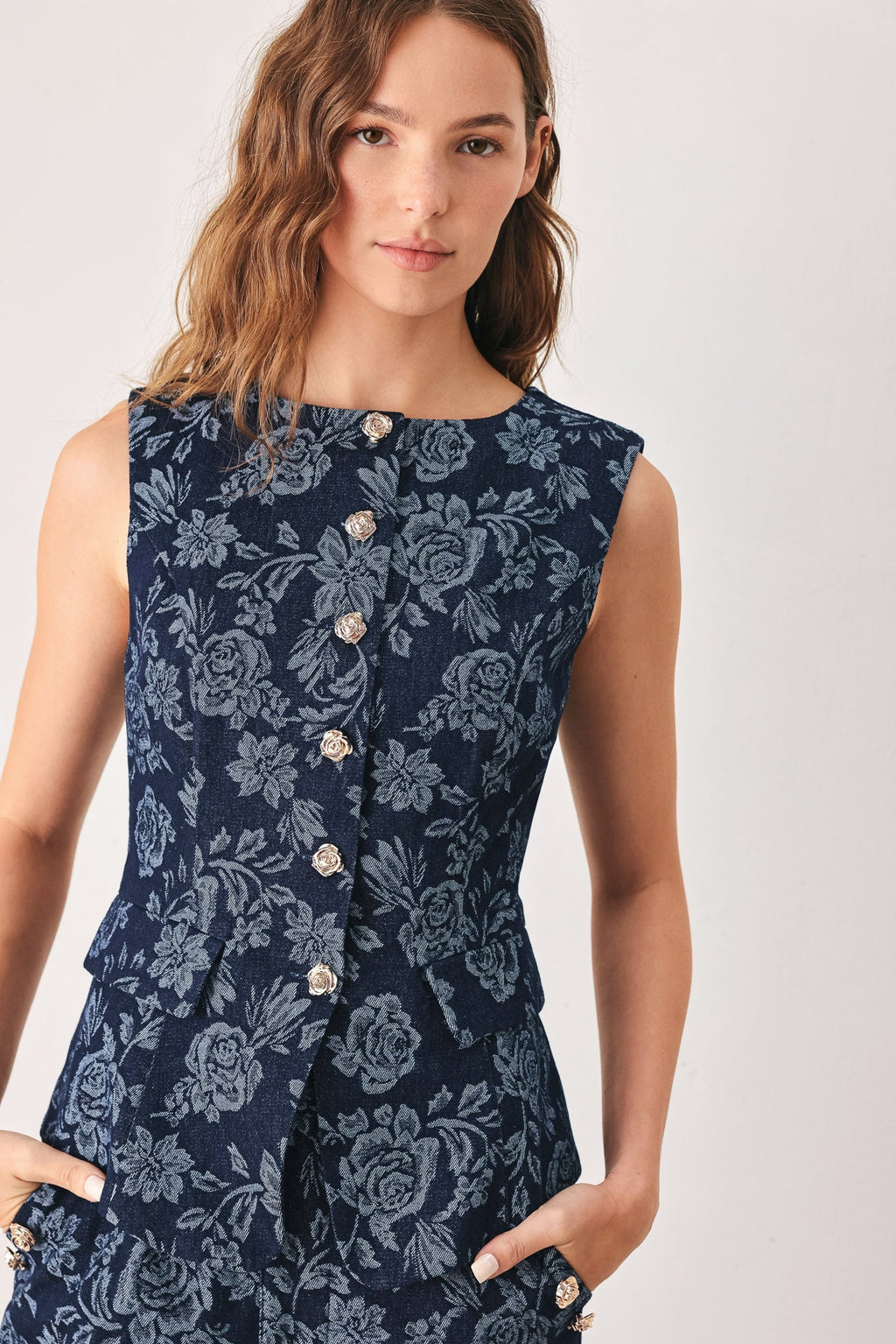 MIDNIGHT ROSE JACQUARD DENIM VEST Flying Tomato