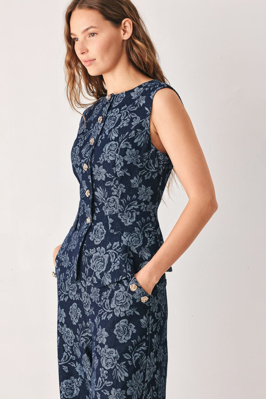 MIDNIGHT ROSE JACQUARD DENIM VEST Flying Tomato