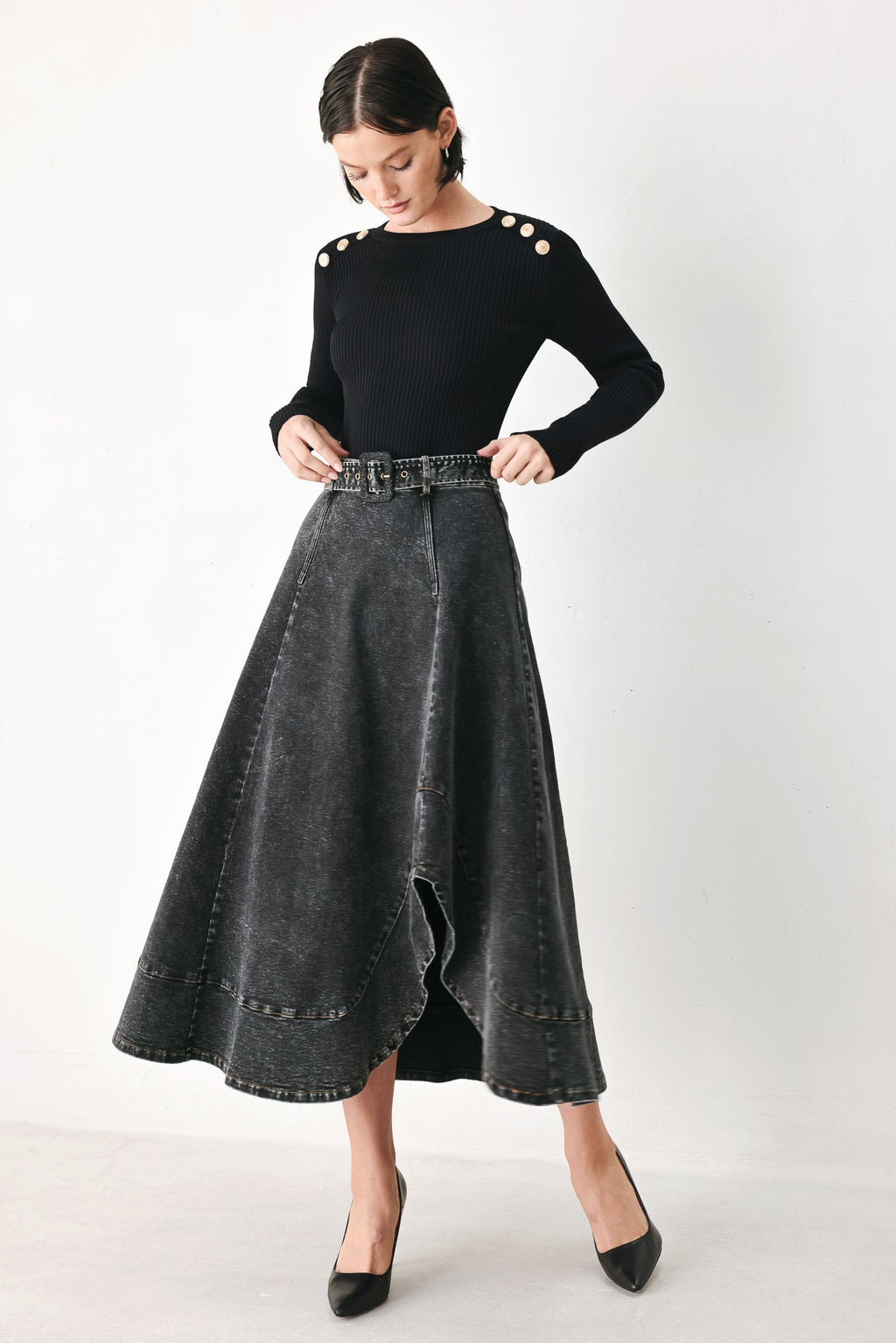 SHADOW STITCH ROMANCE DENIM MIDI SKIRT Flying Tomato