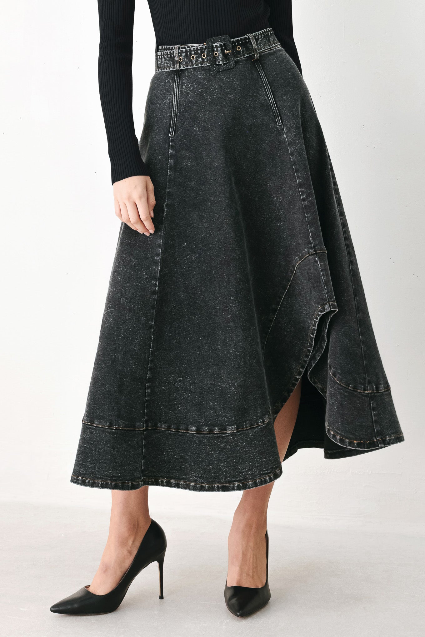 SHADOW STITCH ROMANCE DENIM MIDI SKIRT Flying Tomato