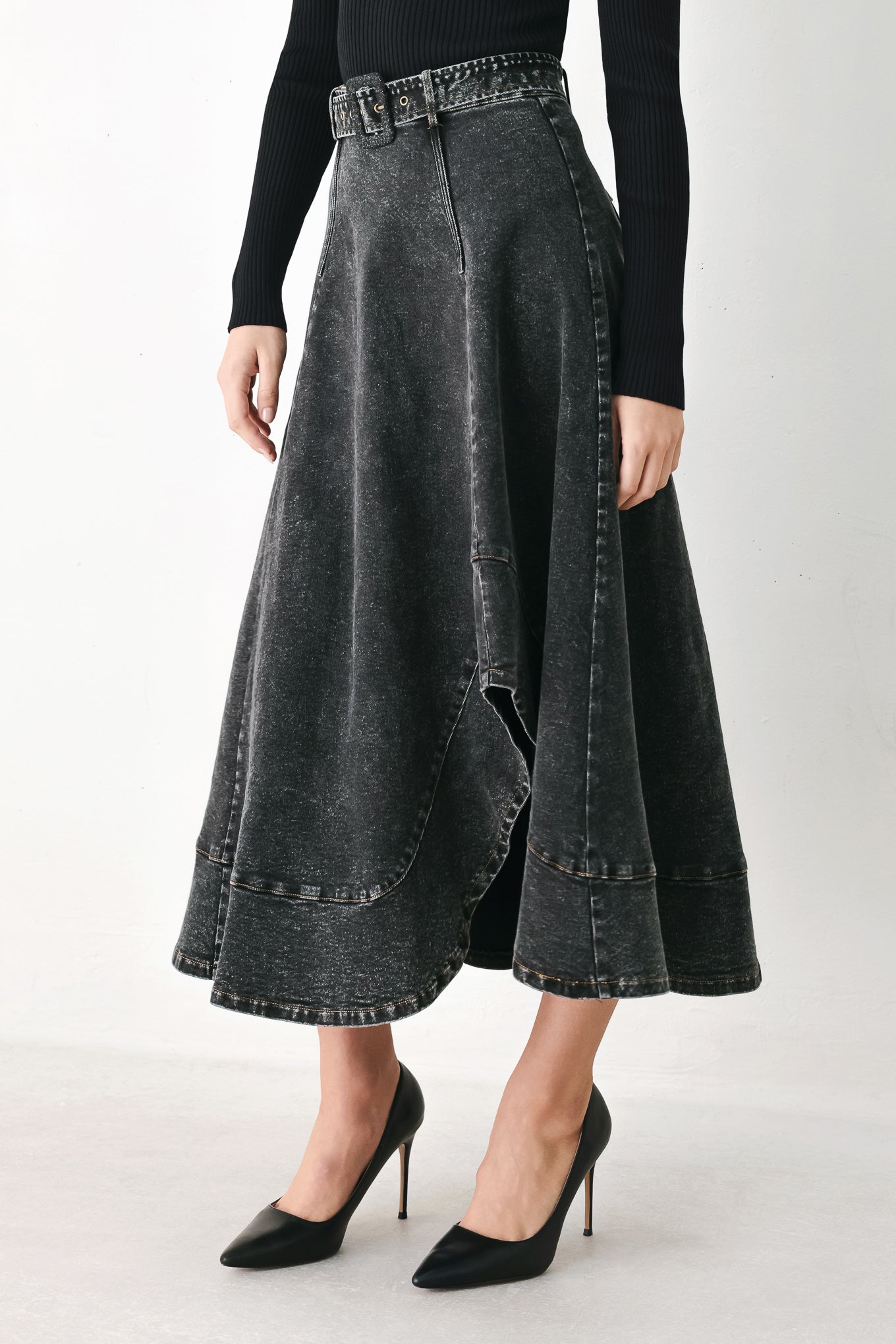 SHADOW STITCH ROMANCE DENIM MIDI SKIRT Flying Tomato