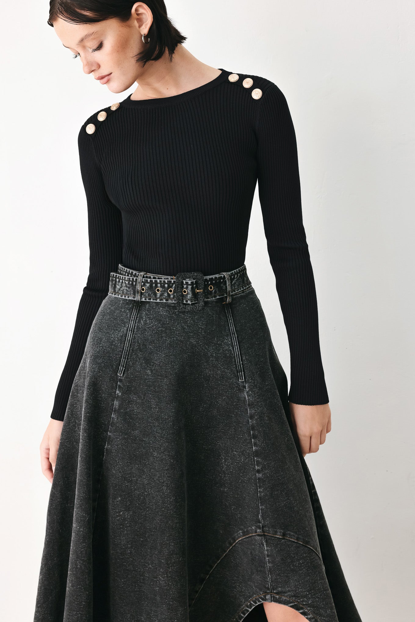 SHADOW STITCH ROMANCE DENIM MIDI SKIRT Flying Tomato