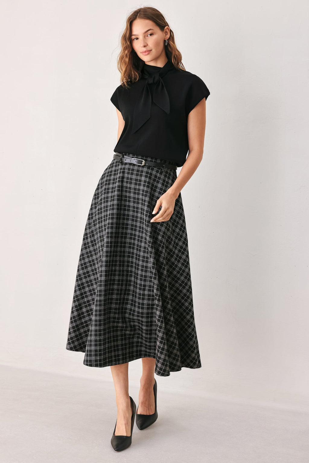 MONOCHROME CHECK FULL-SWEEP MIDI SKIRT Flying Tomato