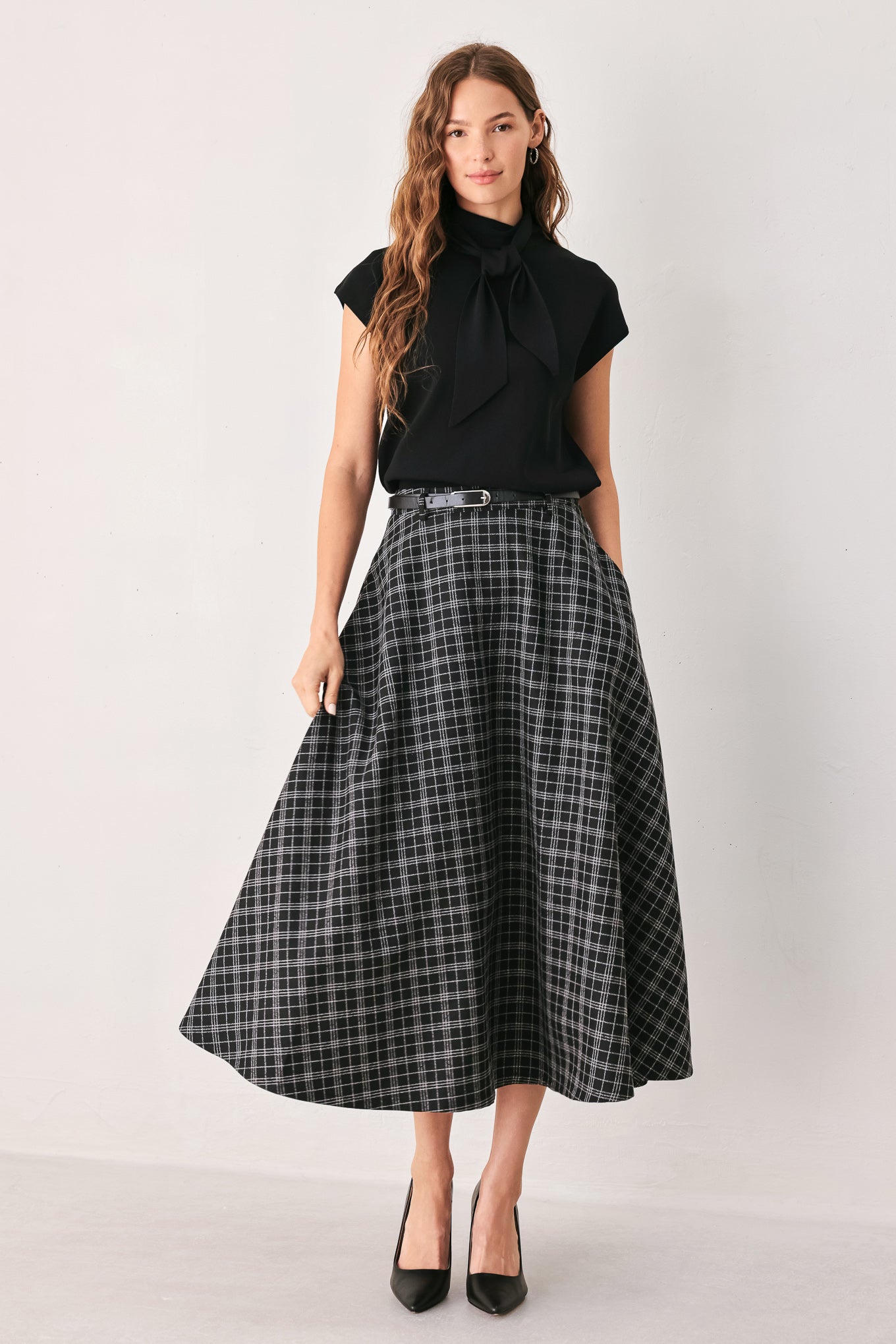 MONOCHROME CHECK FULL-SWEEP MIDI SKIRT Flying Tomato