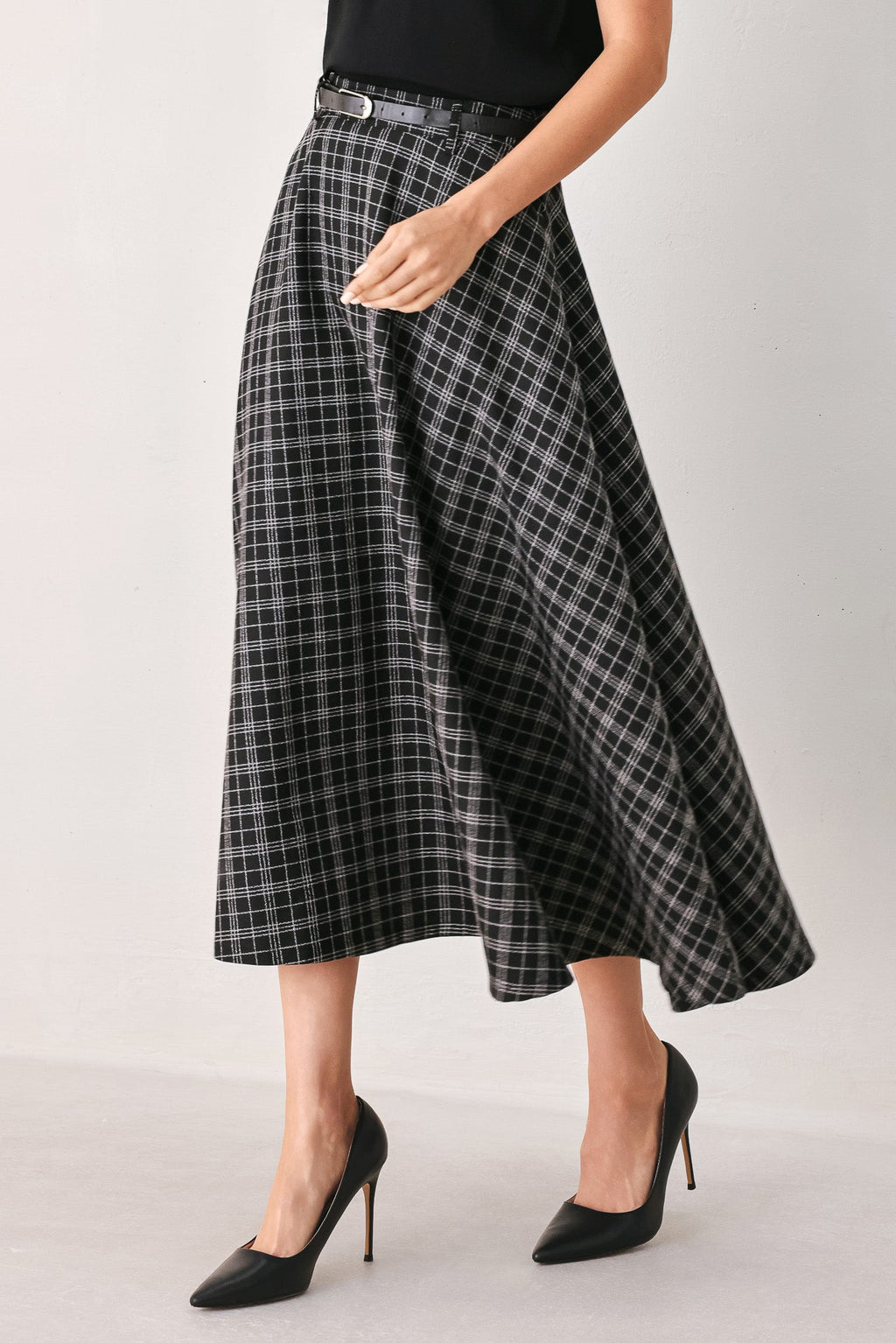MONOCHROME CHECK FULL-SWEEP MIDI SKIRT Flying Tomato