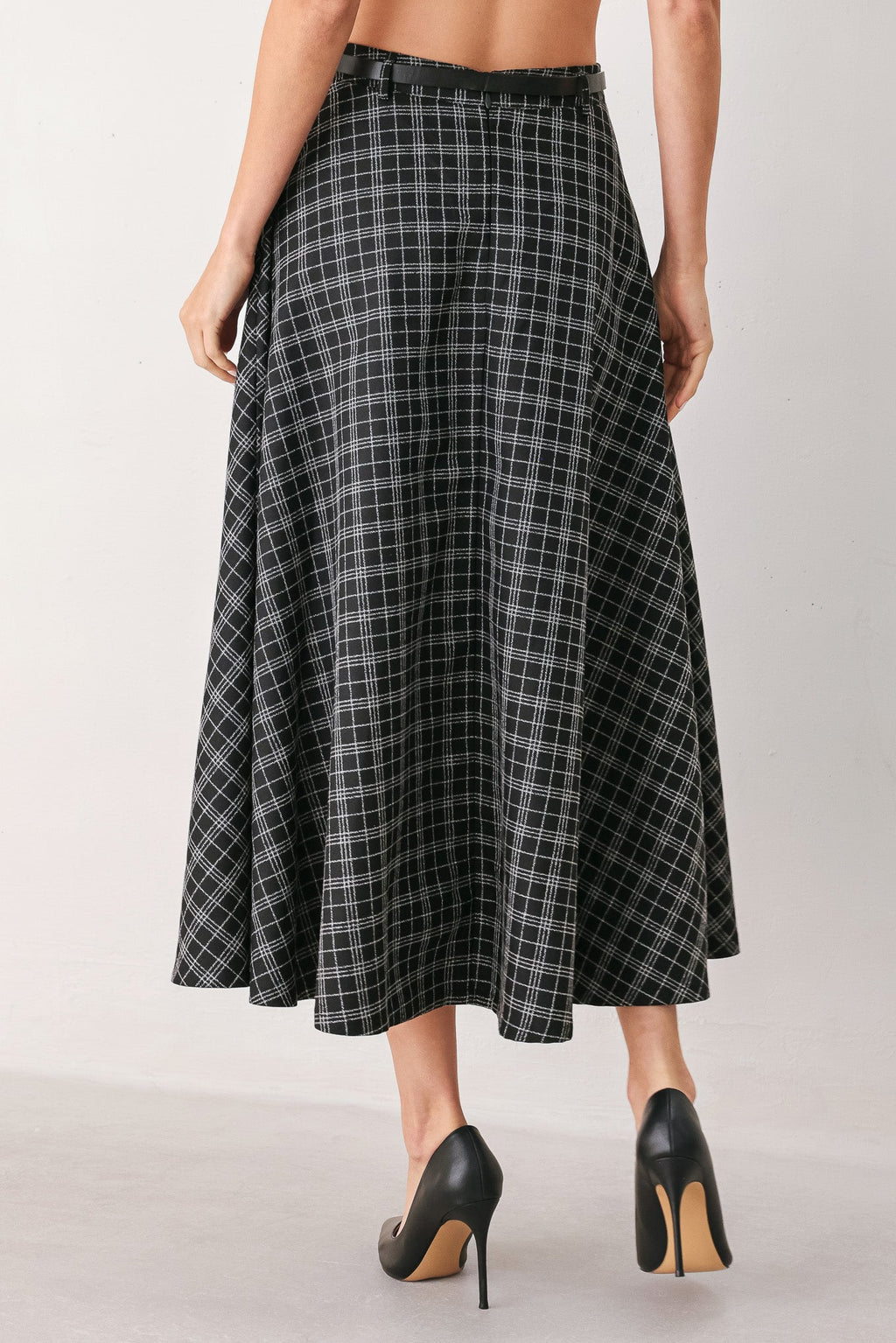 MONOCHROME CHECK FULL-SWEEP MIDI SKIRT Flying Tomato