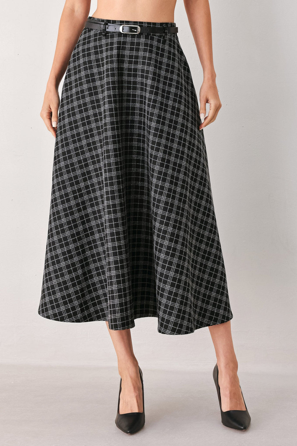 MONOCHROME CHECK FULL-SWEEP MIDI SKIRT Flying Tomato