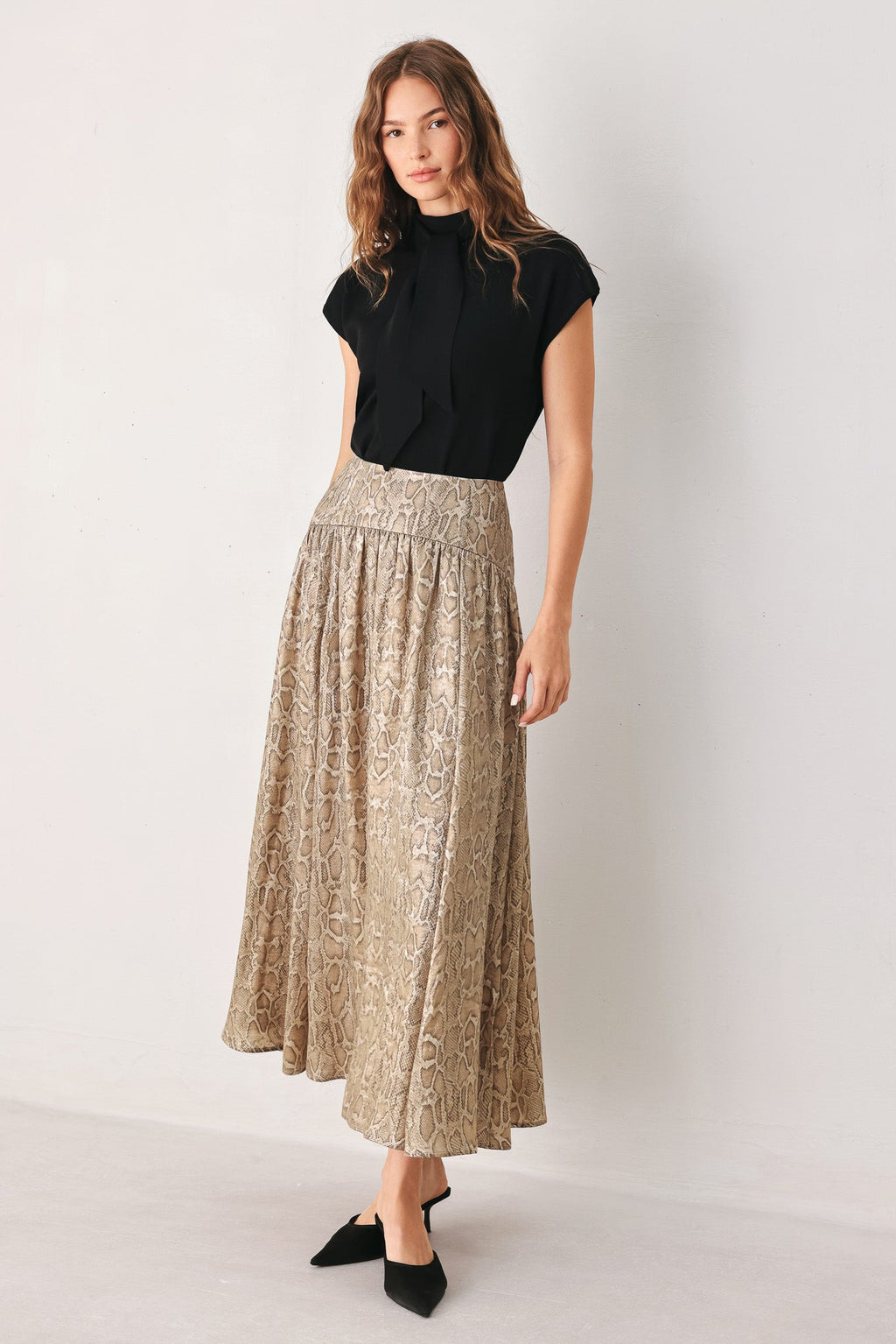 SERPENTINE TAUPE SNAKESKIN WOVEN MIDI SKIRT Flying Tomato