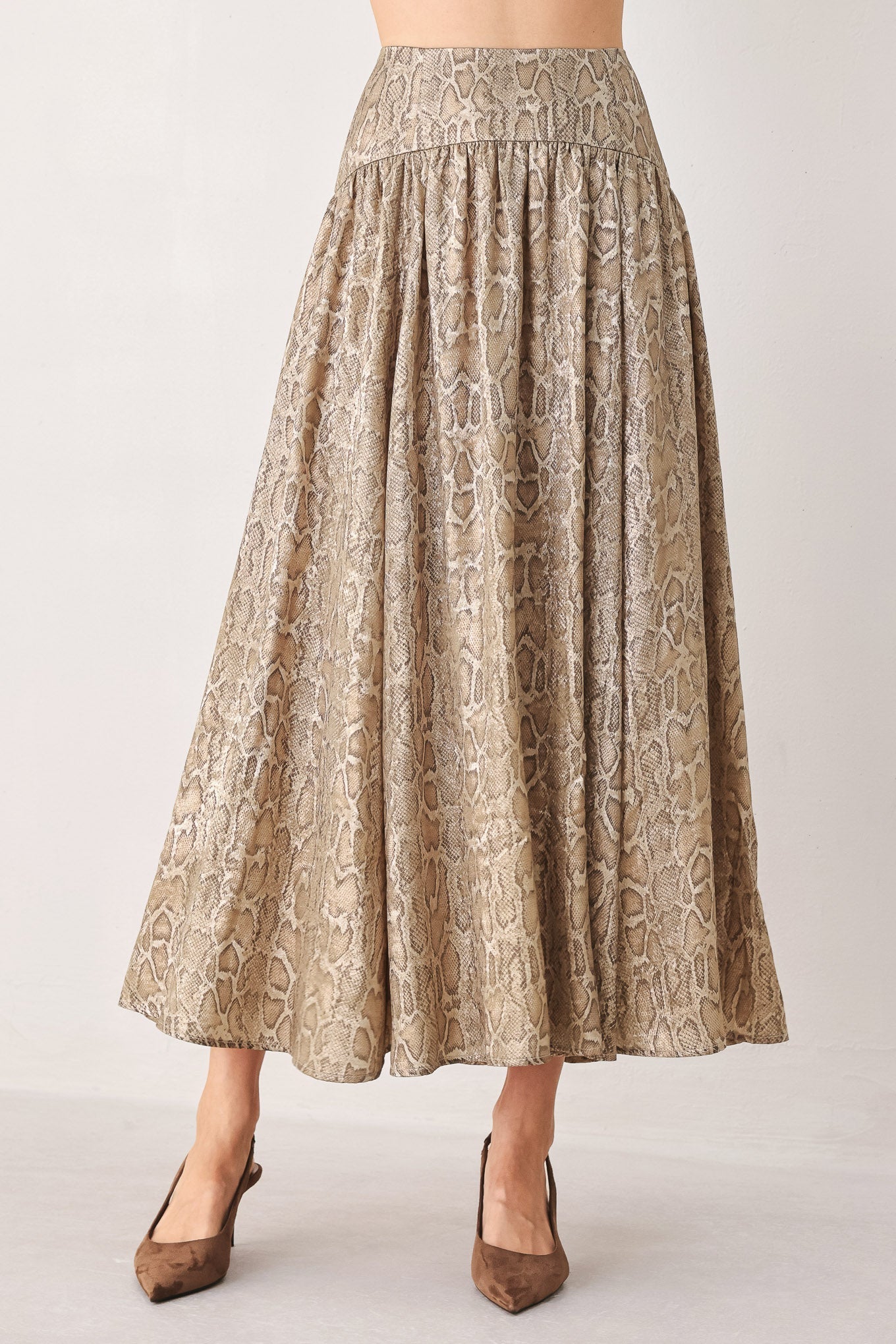 SERPENTINE TAUPE SNAKESKIN WOVEN MIDI SKIRT Flying Tomato