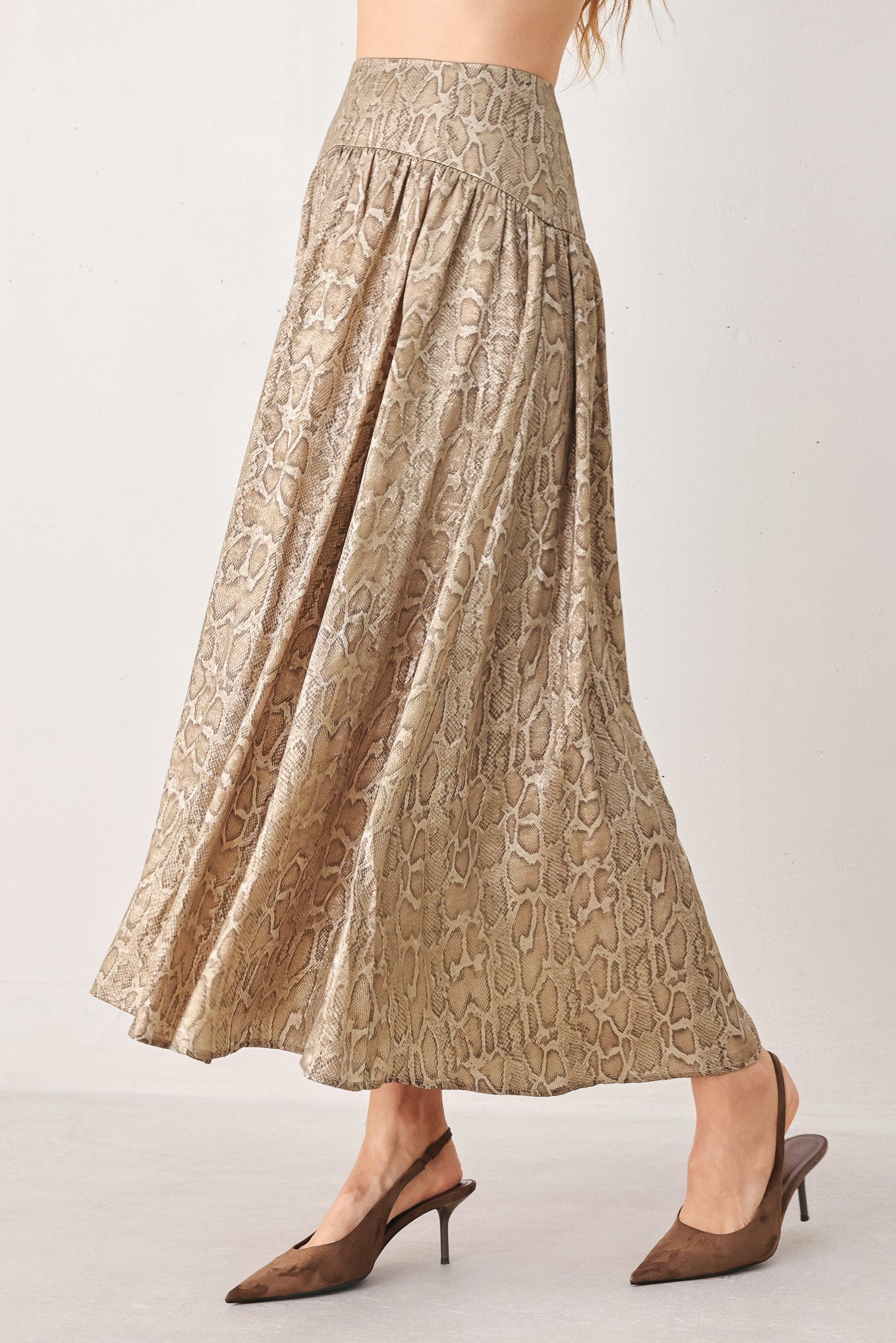 SERPENTINE TAUPE SNAKESKIN WOVEN MIDI SKIRT Flying Tomato