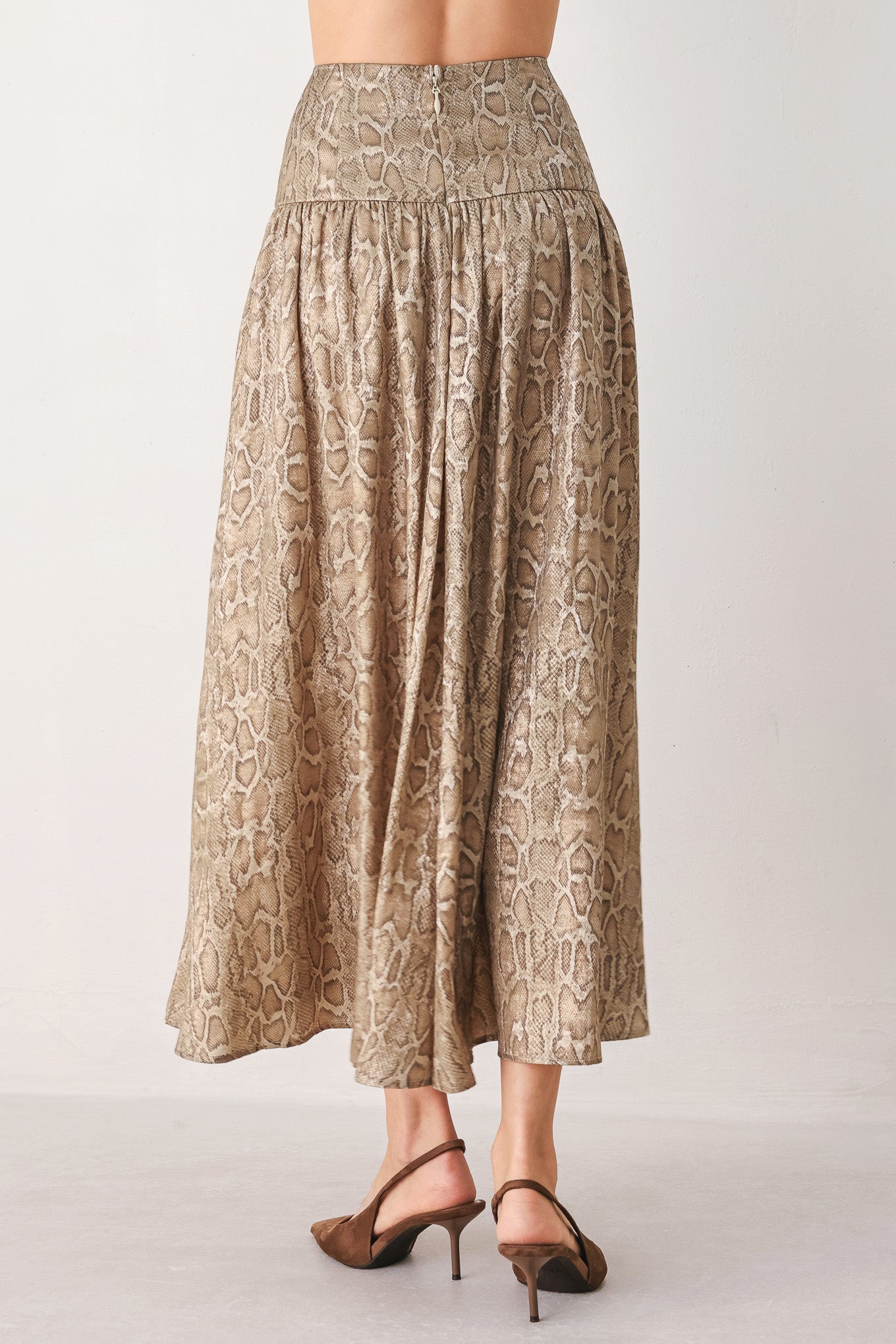 SERPENTINE TAUPE SNAKESKIN WOVEN MIDI SKIRT Flying Tomato