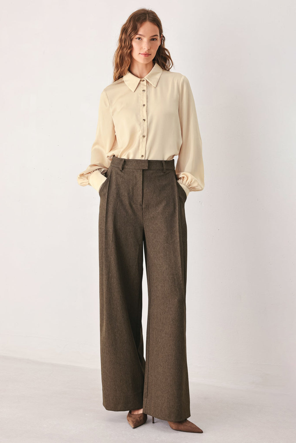 BISTRO BROWN WOVEN WIDE LEG PANT Flying Tomato