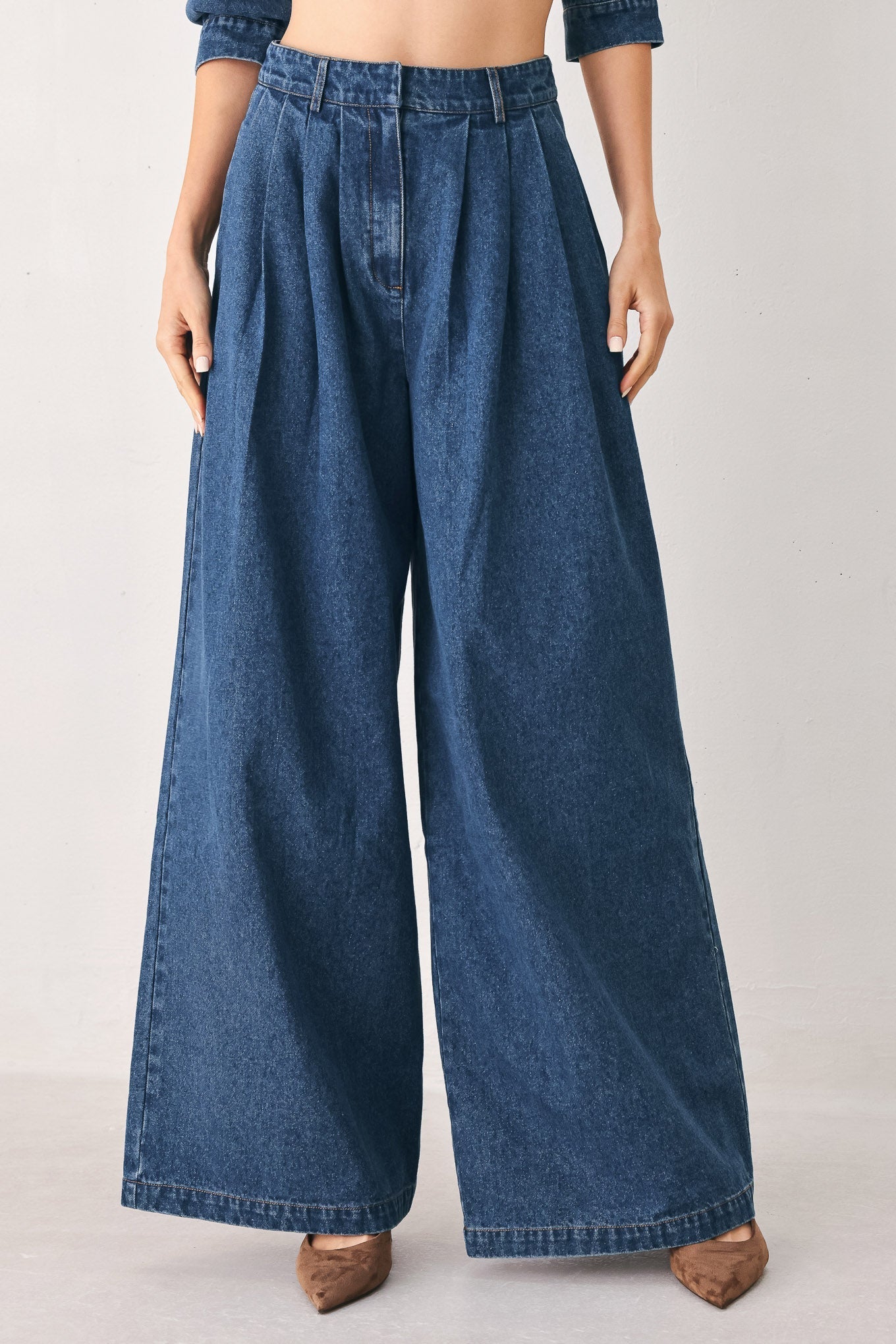 BLUE ECHO PLEATED DENIM WIDE LEG PANTS Flying Tomato